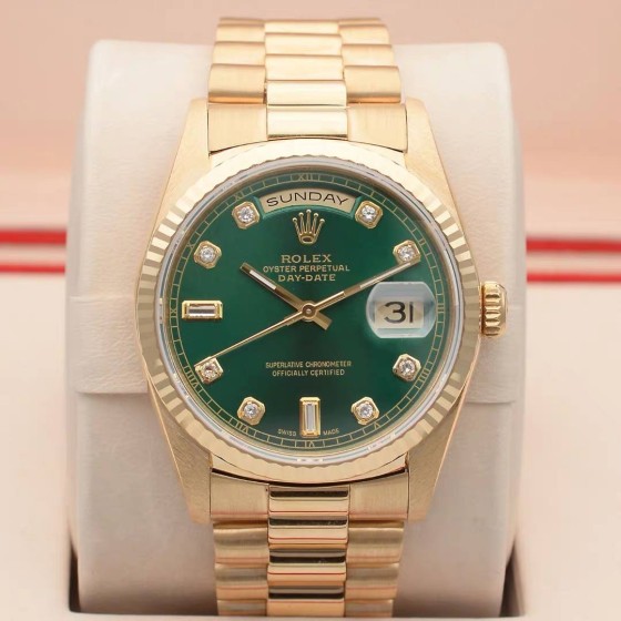 Authentic Rolex Day-Date 36mm Men's Watch, 18K Yellow Gold with Diamond-Set Bezel, Green Dial, Automatic Movement (Ref. 18238)
